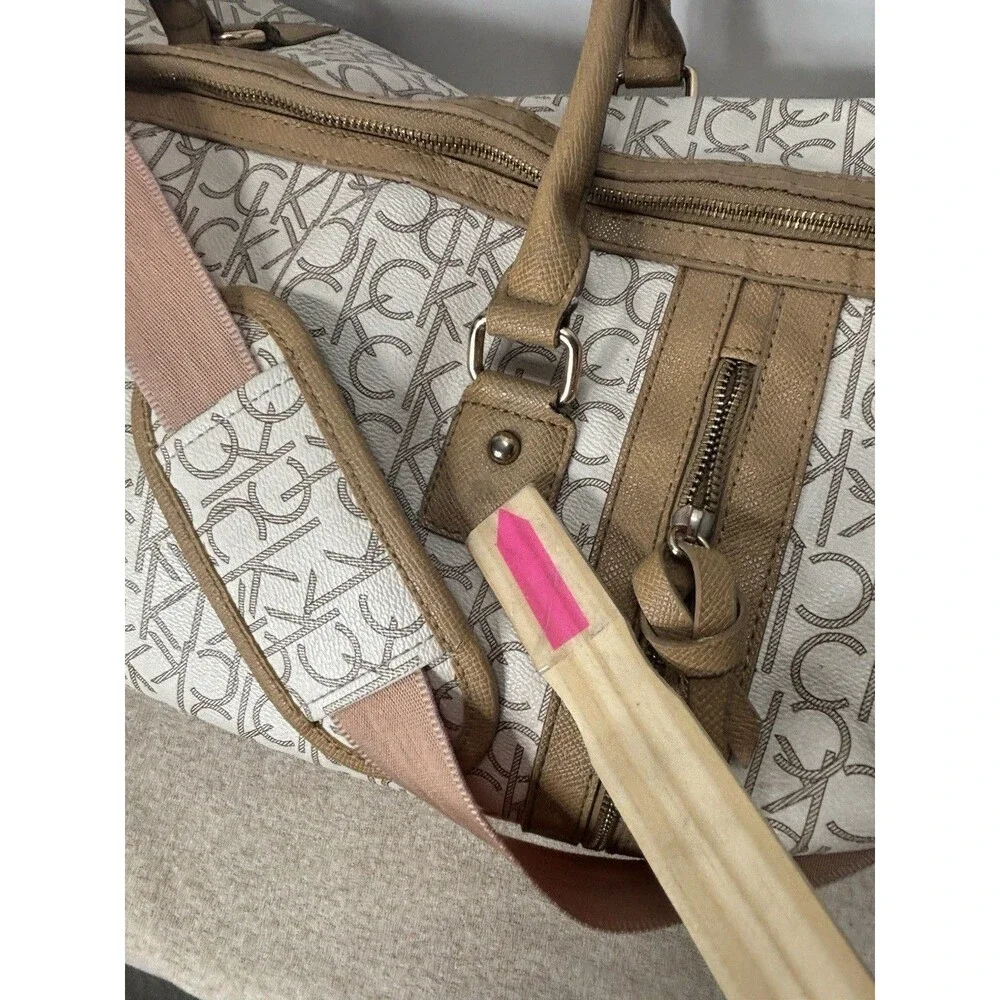 Calvin Klein Travel Weekender Duffle Bag All Over Logo Eggshell Beige Large 21”